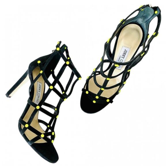 NEW JIMMY CHOO Black Neon Yellow Studded Tina Caged Heel Stiletto Sandals 40 10 - Picture 1 of 16